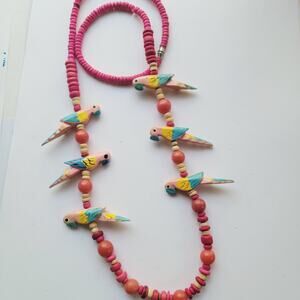 Vintage Pink Beaded Necklace With Hand Painted Bird Charms Coral Round Accents